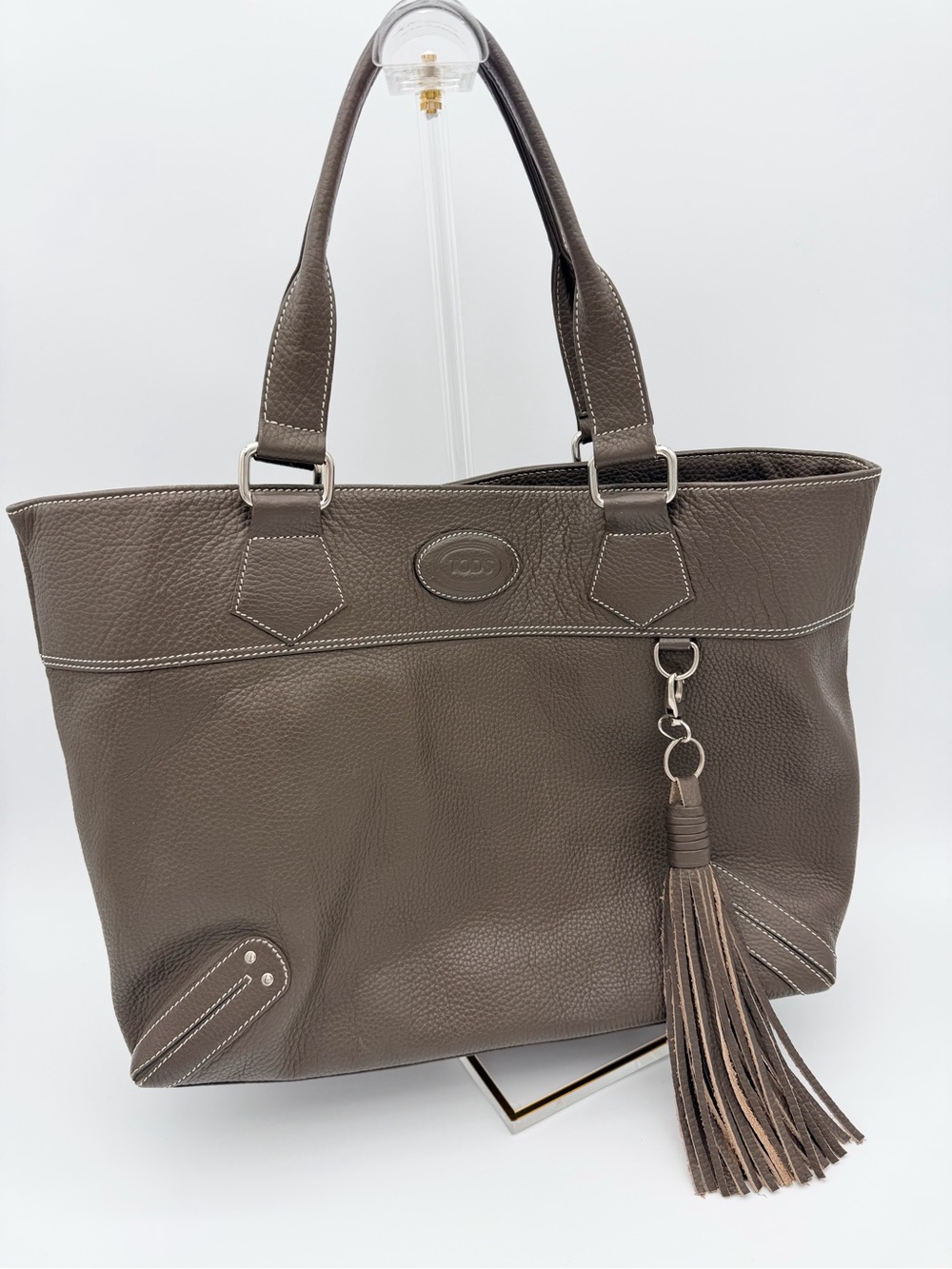 Tod's Brown Pebbled Leather Tote Super Slouchy Tassel Charm Silver Hardware